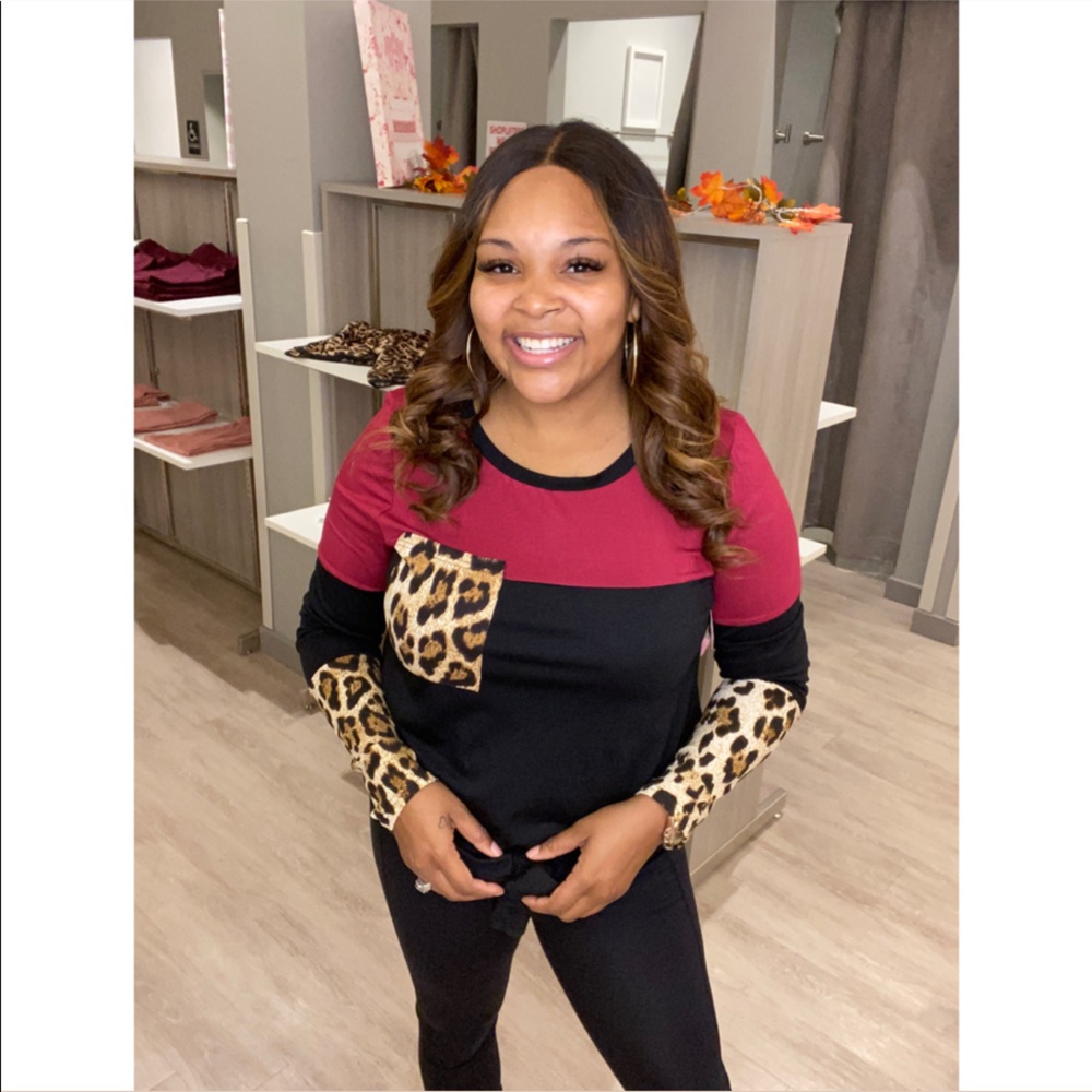 Burgundy leopard color block long sleeve